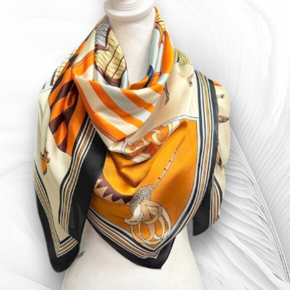 Silk-Feeling Equestrian Print Scarf, Large Square Horse Pattern Shawl - Picture 3 of 6